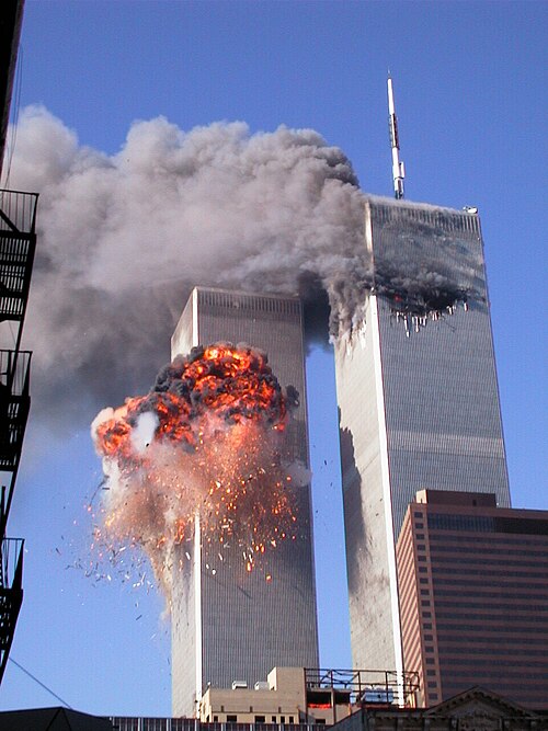 Two hijacked commercial planes crashed into the World Trade Center on 11 September 2001 in New York. Photo: RDS323. File made available under the Creative Commons CC0 1.0 Universal Public Domain Dedication.