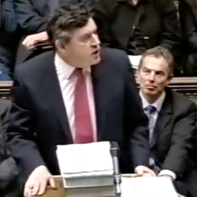 Gordon Brown delivers his 2003 Budget speech in the House of Commons on 9 April 2003, with prime minister Tony Blair beside him.