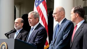 Ben Bernanke, George W. Bush and Hank Paulson with SEC chair Chris Cox