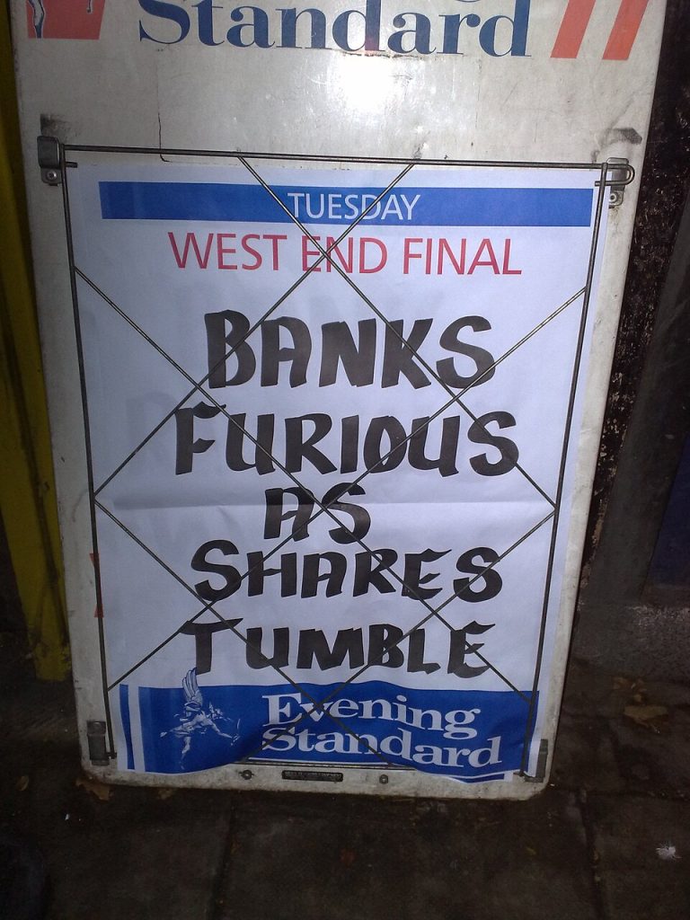 Banks furious as share tumble. Evening Standard. October 2008. Photo: Secret London 123, licensed under the Creative Commons Attribution-Share Alike 2.0 Generic license.