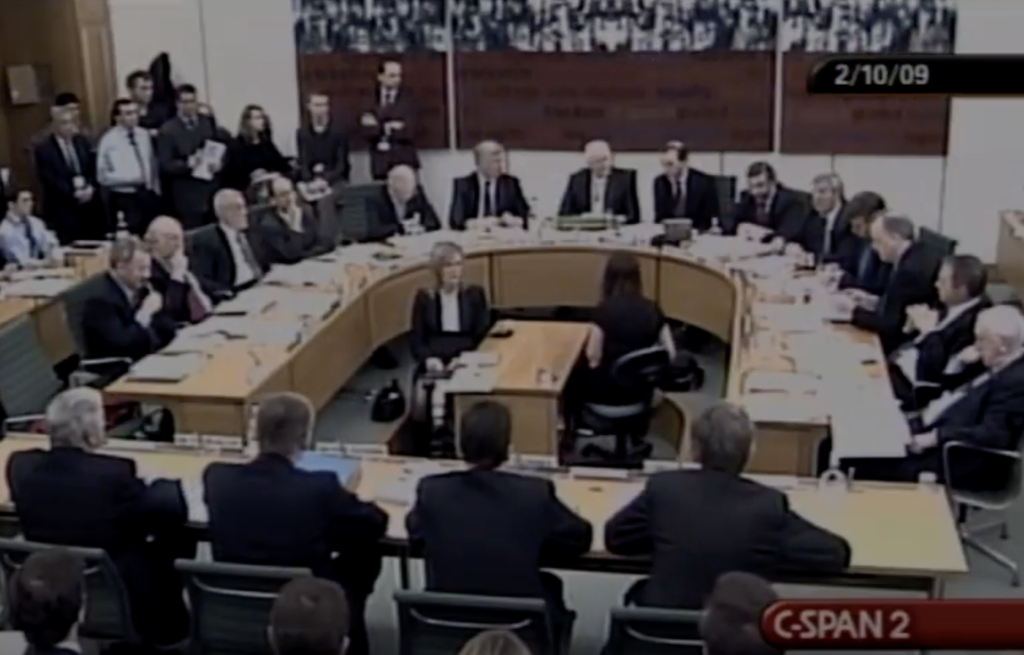 A grilling of recalcitrant bankers by members of the Treasury Committee led by committee chair John McFall MP in the Thatcher Room , Portcullis House, Houses of Parliament