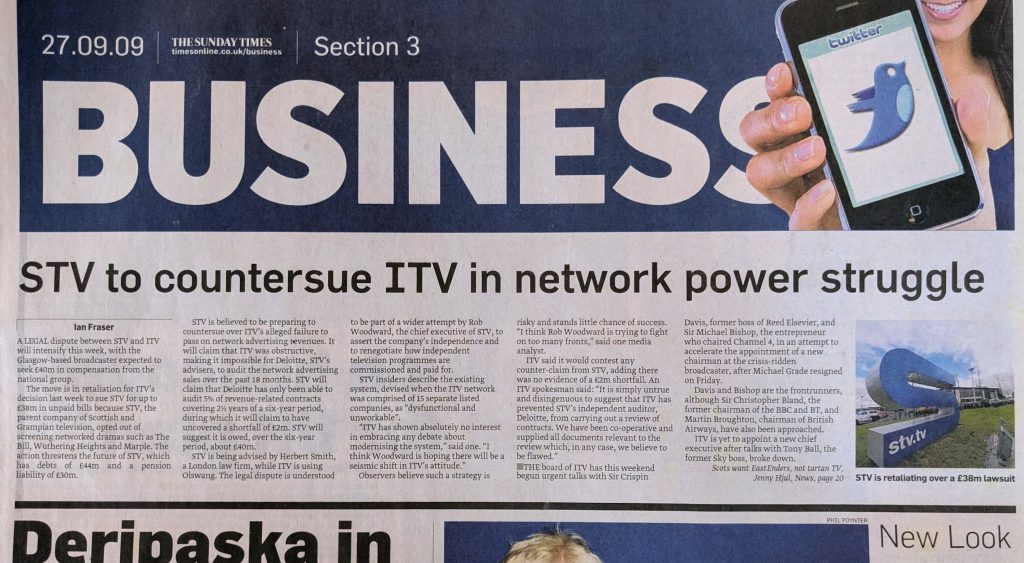 STV to counter sue ITV in network power struggle. Front page of Sunday Times Business Section on 27 September 2009 