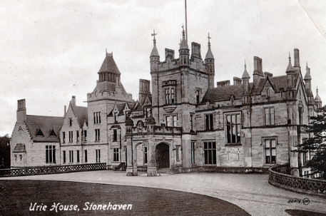Ury House near Stonehaven, from an old postcard. Built in Jacobean style in 1855 and designed by John Baird I, the house was extended in 1884 when the east wing, with crow-stepped gables, designed by Alexander Ross was added.