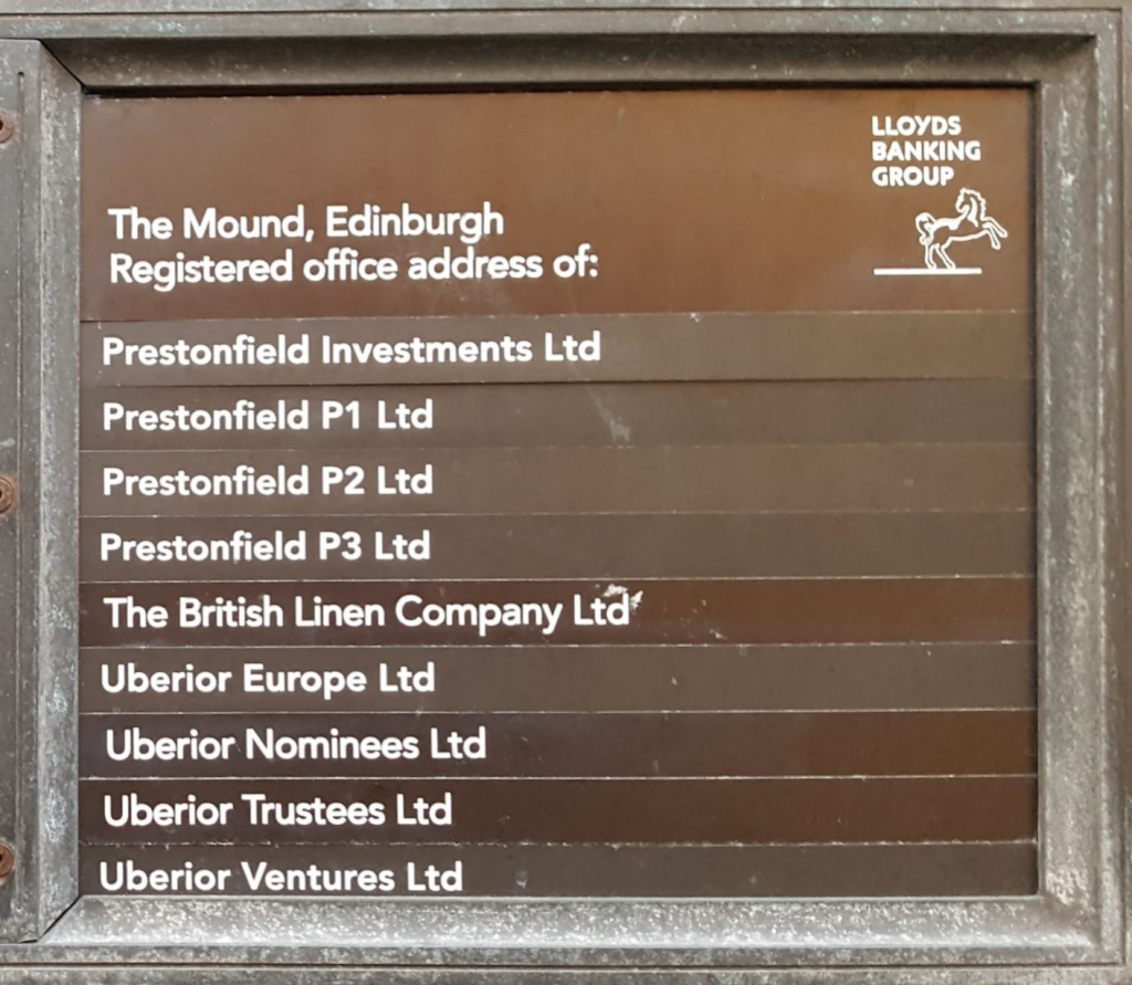 HBOS subsidiaries list: sign on wall of former HBOS and Bank of Scotland headquarters on the Mound, Edinburgh. Photo: copyright © Ian Fraser