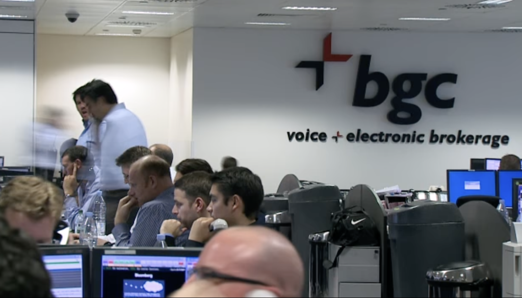 BGC Partners' trading floor in London. 658 employees of predecessor firm Cantor Fitzgerald, whose US office was in the No.1 World Trade Center, died on 9/11. Afterwards, BGC Partners and CF pledged to give 25% of their profits to the families of deceased employees.