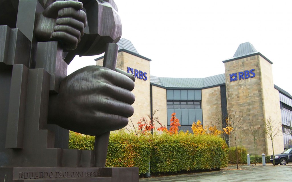 RBS's Drummond House office block in the Gyle, with part of Eduardo Paolozzi's 1993 bronze sculpture The Wealth of Nations in the foreground