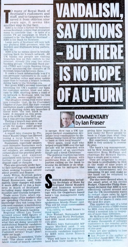 "Vandalism, say unions - but there is no hope of a u-turn," article as published in the Scottish Daily Mail on Saturday, 2 December 2017