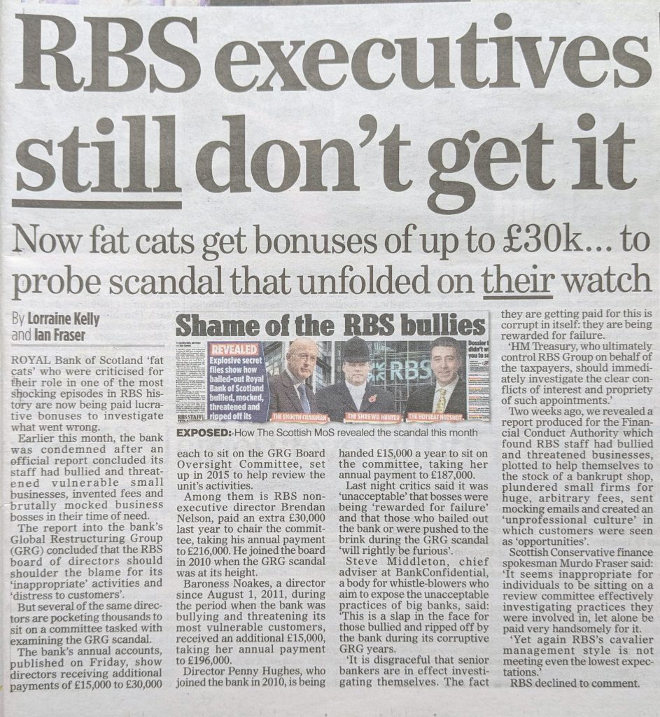"RBS executives still don’t get it". Article as published in the Scottish Mail on Sunday on 25 February 2018
S