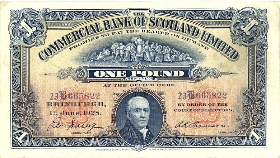 £1 note issued by the Commercial Bank of Scotland in 1928. Forty-one years later, CBofS was later swallowed up by Royal Bank of Scotland