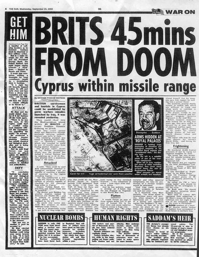 The Sun's dodgy article 'Brits: 45 mins from doom'. Published on 25 September 2002